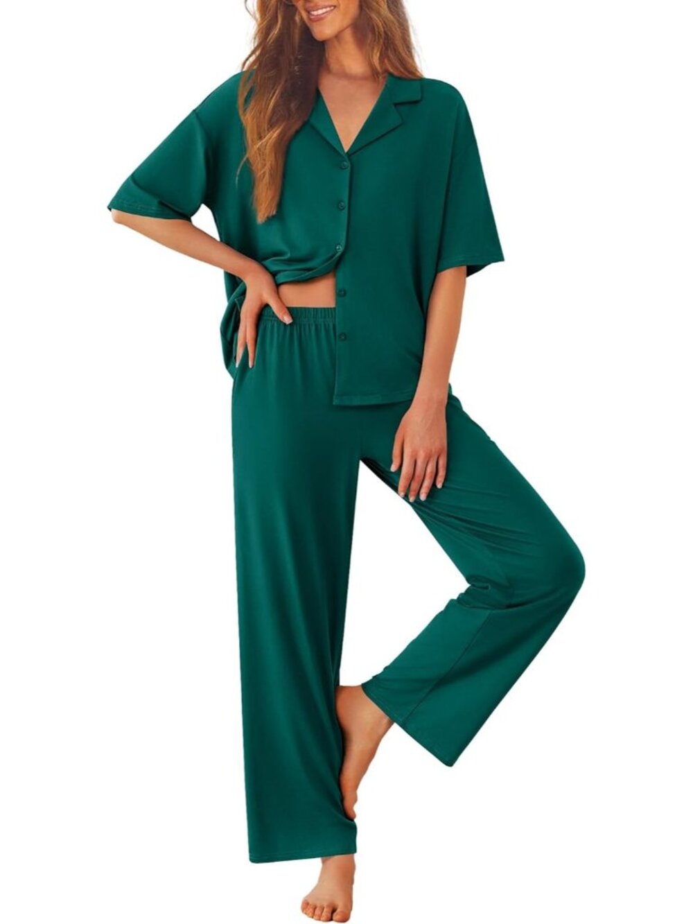 Women Dark Green Notch Lapel Short Sleeve Shirt Sleepwear with Long Pajamas Set